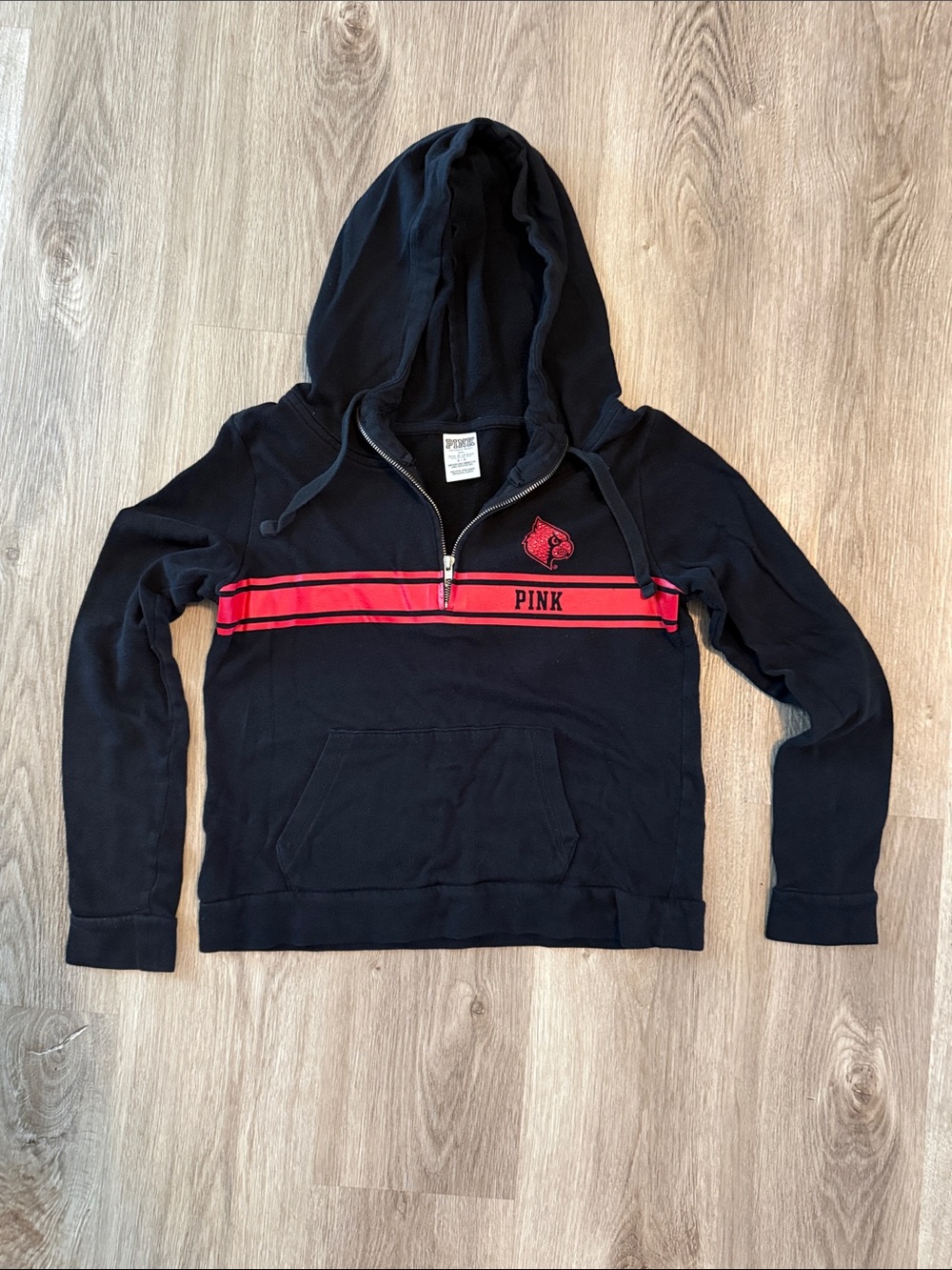 PINK Victoria's Secret Black Half-Zip Hoodie with Red Chest Stripes and Patch